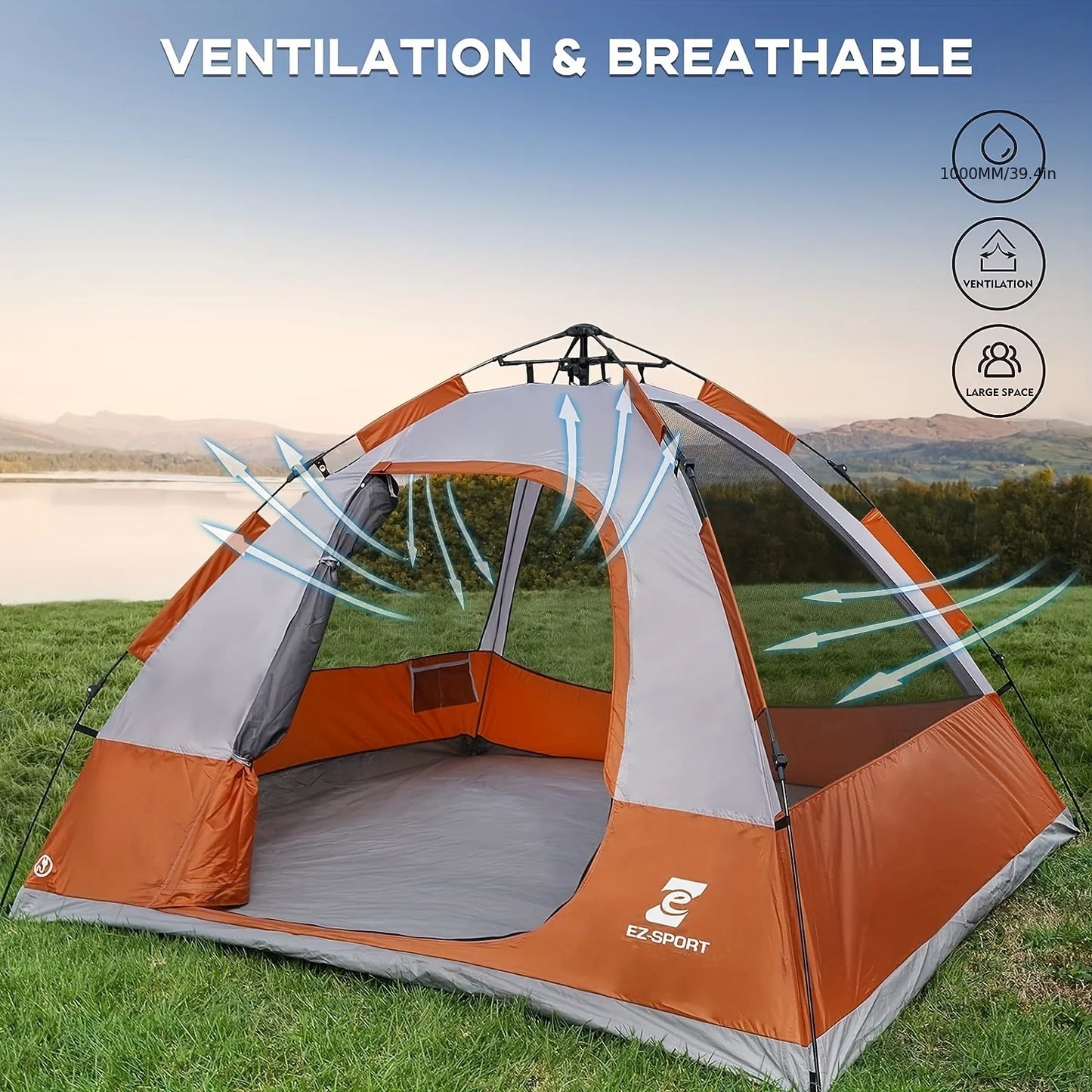 Pop Up Camping Tent - 4 Person Instant Easy Set Up Tent with Removable Rain Fly, Waterproof Windproof for Outdoor Camping